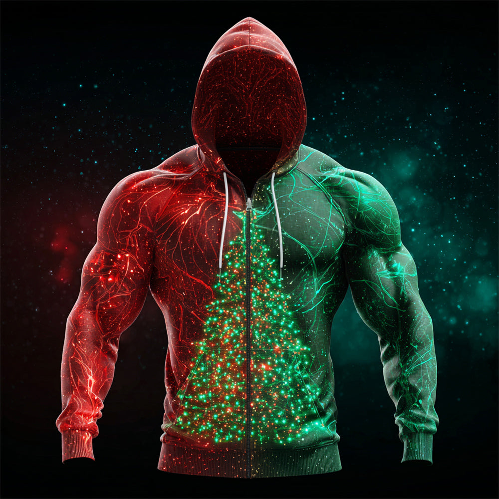 Comstylish Glowing Christmas Tree Art Men's Hooded Zipper Sweatshirt