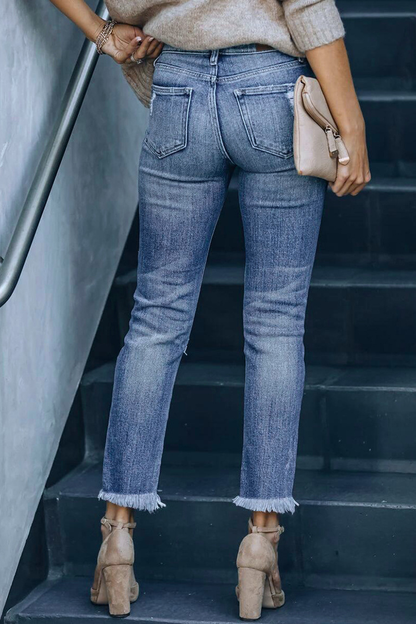 Ripped Mid Waist Skinny Denim Jeans