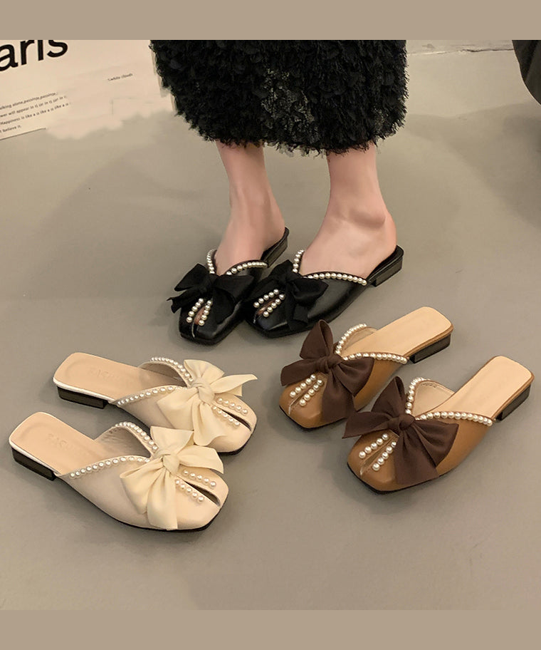 Black Faux Leather Splicing Slide Sandals Bow Nail Bead Aa016