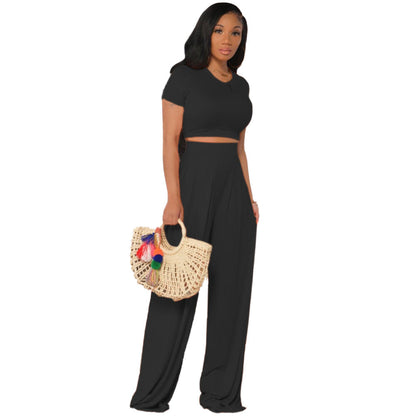 ’s Color Cropped Outfit Bell-bottom Pants Two-piece Suit – Set