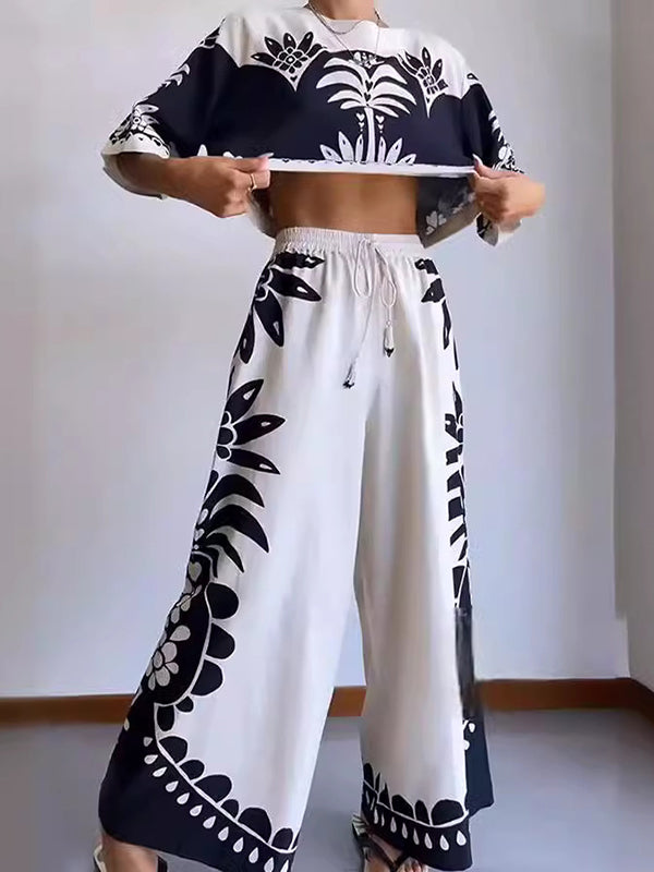 Loose Printed Round-neck T-shirts + Drawstring Elasticity High Waisted Pants Trousers Two Pieces Set
