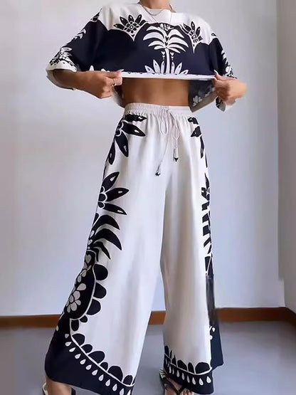 Loose Printed Round-neck T-shirts + Drawstring Elasticity High Waisted Pants Trousers Two Pieces Set