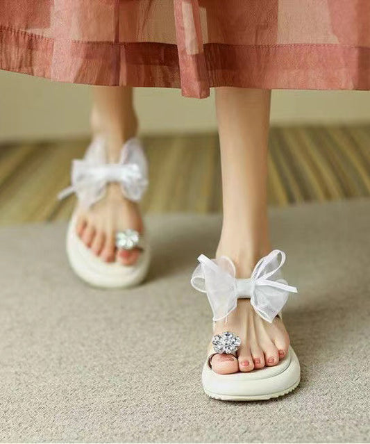 Beige Platform Slide Sandals Boutique Splicing Bow Zircon Aa017