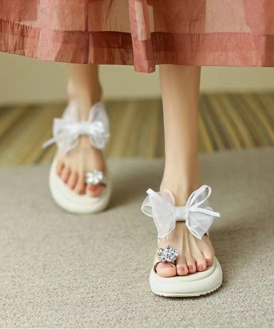 Beige Platform Slide Sandals Boutique Splicing Bow Zircon Aa017