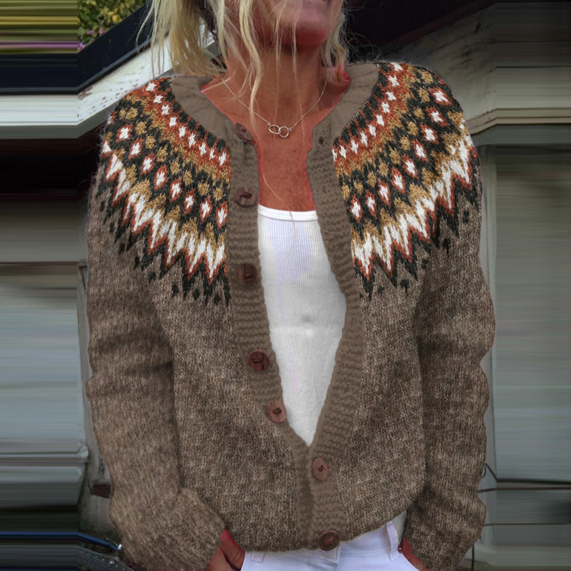 Retro Wavy Pattern Crew Neck Sweater Cardigan elevenforest