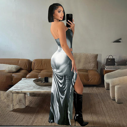 Summer 3d Body Print 2 Piece Set Strapless Bodysuits High Slit Long Skirts Sleeveless Outfits Club
