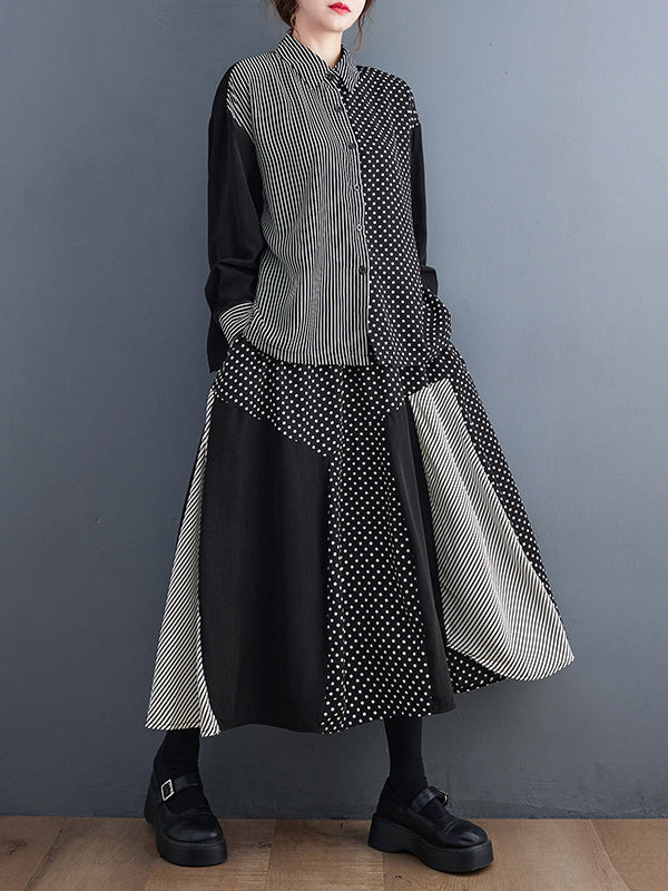 Loose Oversize Striped Polka-dot Split-joint Blouse Top A-line Skirt Bottom Two Pieces Set