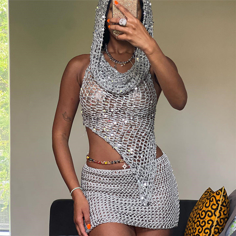 Summer Clothing Cutout Knitted Sequined Top High Waist Hip Wrapped Skirt Set for