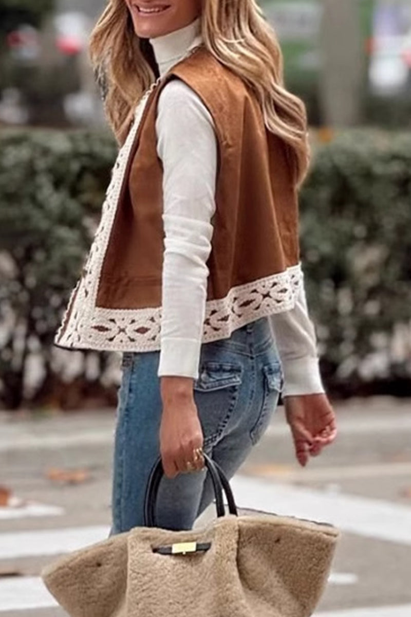 Color Lace Patchwork O Neck Waistcoats