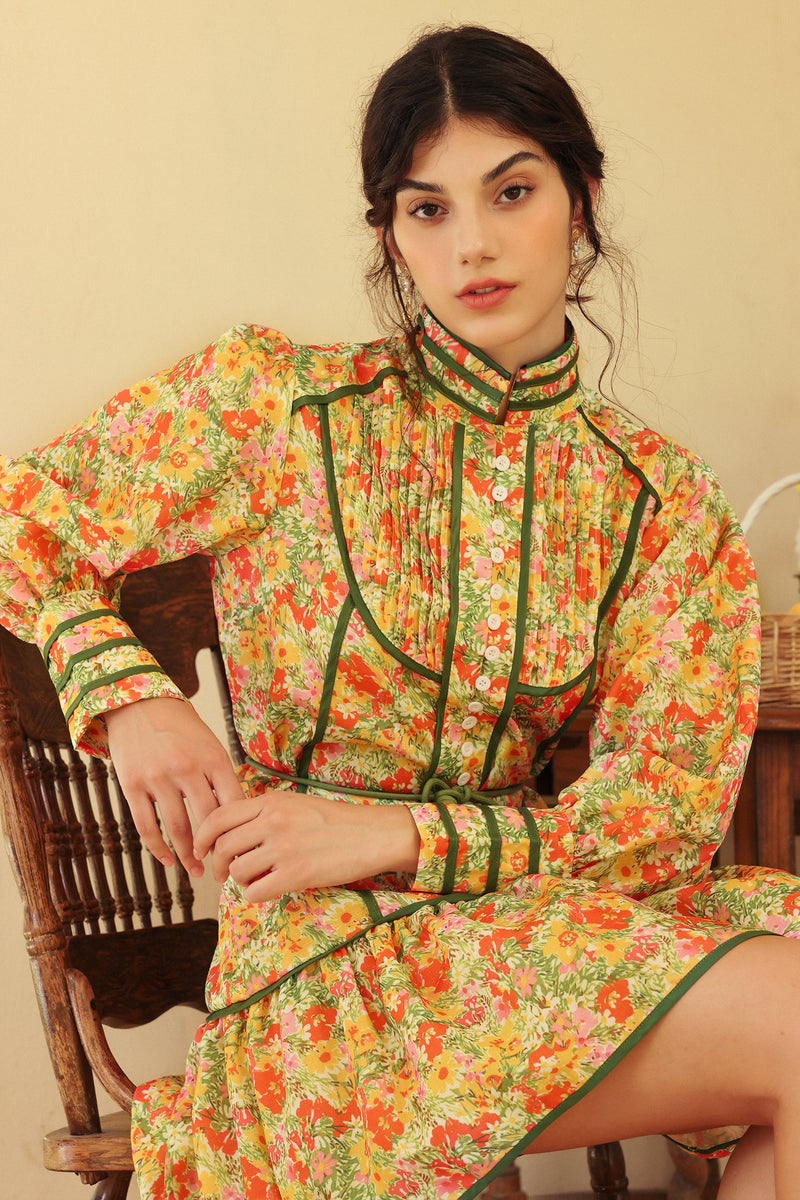 Puff Long Sleeve High Collar Lace Up Ruffle Mini Dress