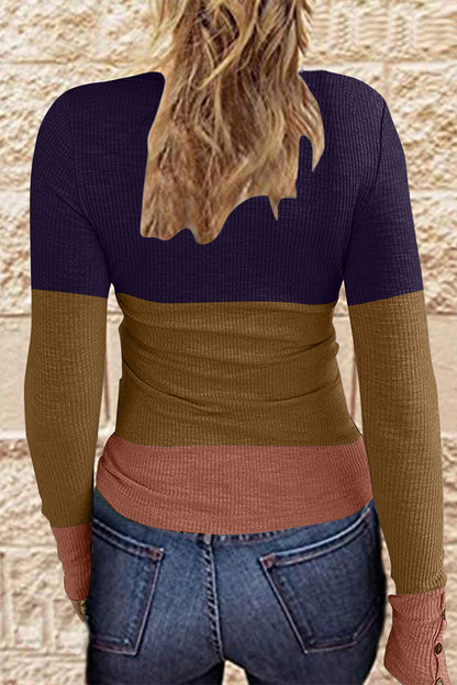 Gradual Change Color Block Patchwork Buttons O Neck T-shirts(7 Colors)