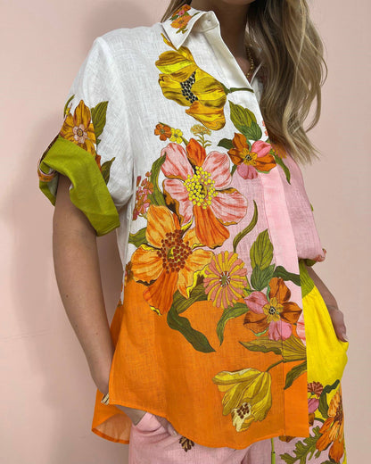 Printed Cotton Linen Two-piece Suit Outfit Top Wide Leg Pants – Stylish Set