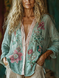 Comstylish Women's Casual Bohemian Linen Floral Style Long-sleeve Top Shirt