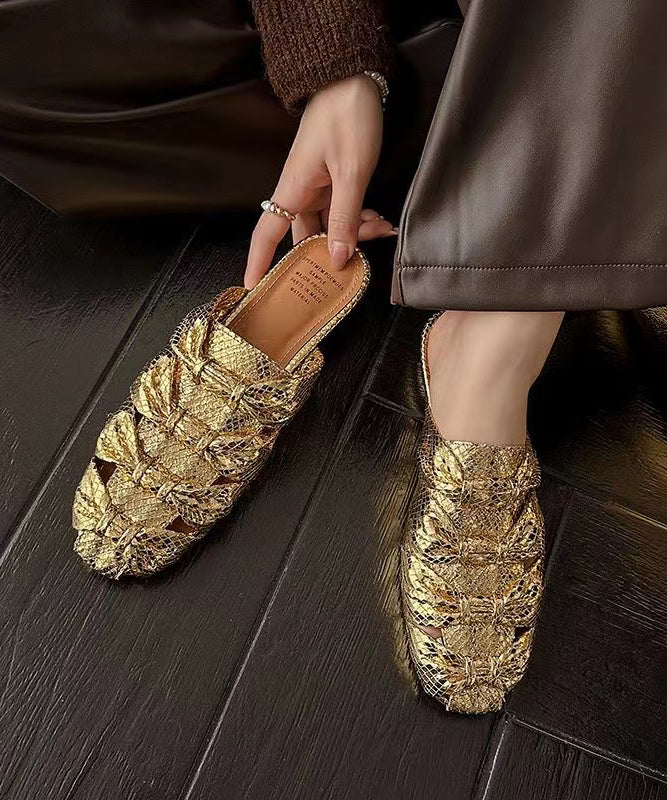 Stylish Gold Faux Leather Splicing Slide Sandals Hollow Out Ap1019