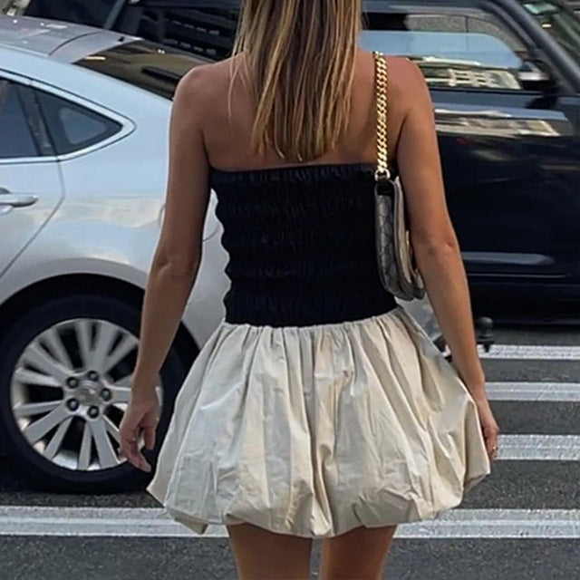 Taruxy Color Block Strapless Mini Dress for Folds Splice Slim Sleeveless Summer Beach Party Ball Gown Dress
