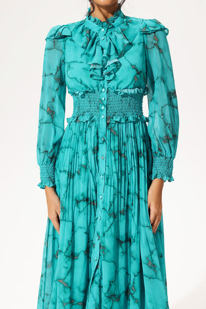 Lantern Sleeve Stand Collar Smocked Elastic Buckle Maxi Dress
