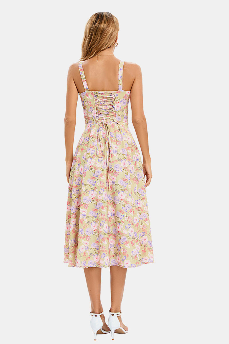 Corset Lace Up Cami Slit Midi Dress