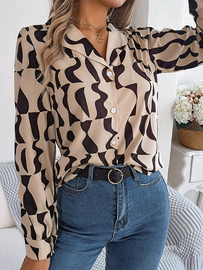 Long Sleeves Buttoned Contrast Color Notched Collar Blouses&shirts Tops