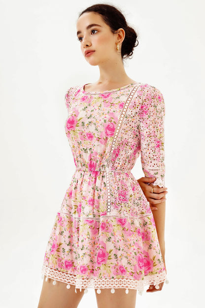 Puff Sleeve Lace Trim Ruffle Mini Dress