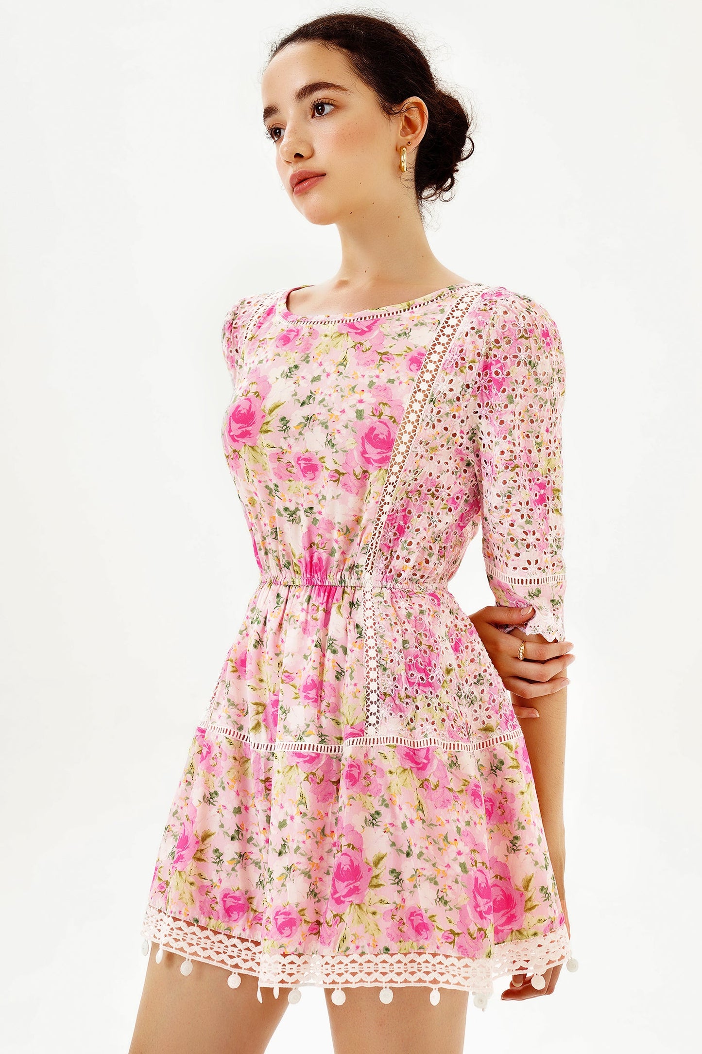 Puff Sleeve Lace Trim Ruffle Mini Dress
