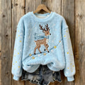 Women's Christmas Reindeer Embroidery Round Neck Cozy Plush Sweatshirt