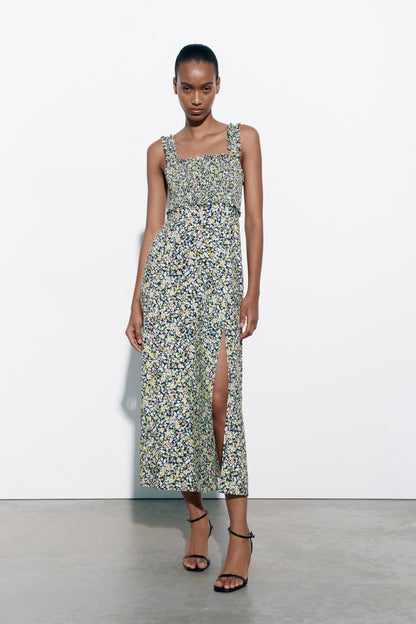 Cami Smocked Elastic Slit Midi Dress