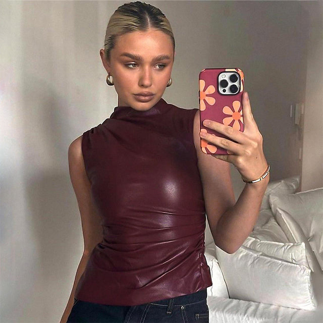 Y2k Pu Simple Basic Tank Top High Waist Skinny Shrunk Slash Cut Sleeveless Tops Versatile Noble Shirts