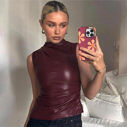 Y2k Pu Simple Basic Tank Top High Waist Skinny Shrunk Slash Cut Sleeveless Tops Versatile Noble Shirts