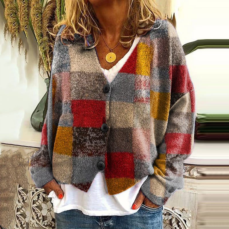 Vintage Geometric Print V-Neck Knitted Cardigan elevenforest