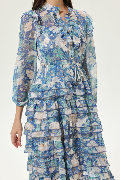 Printed Long Sleeve Layered Ruffle Hem Lace Up Midi Dress