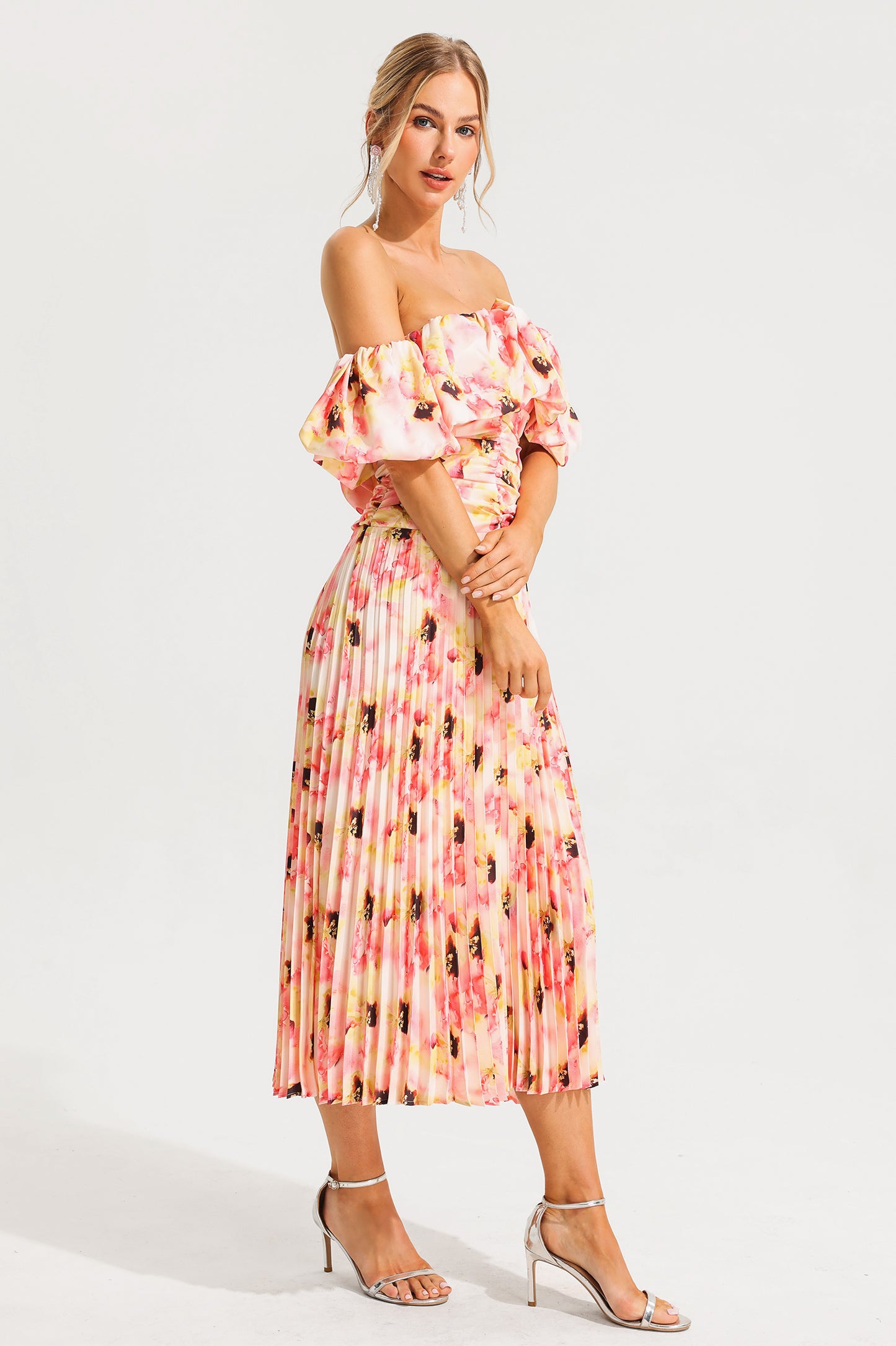 Off-shoulder Puff Sleeve Pleated Midi Dress Pink