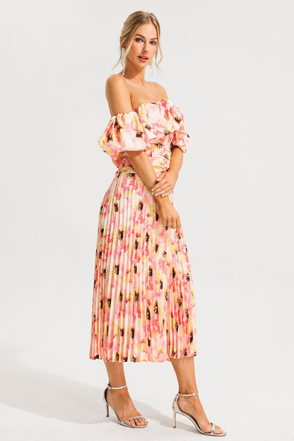 Off-shoulder Puff Sleeve Pleated Midi Dress Pink