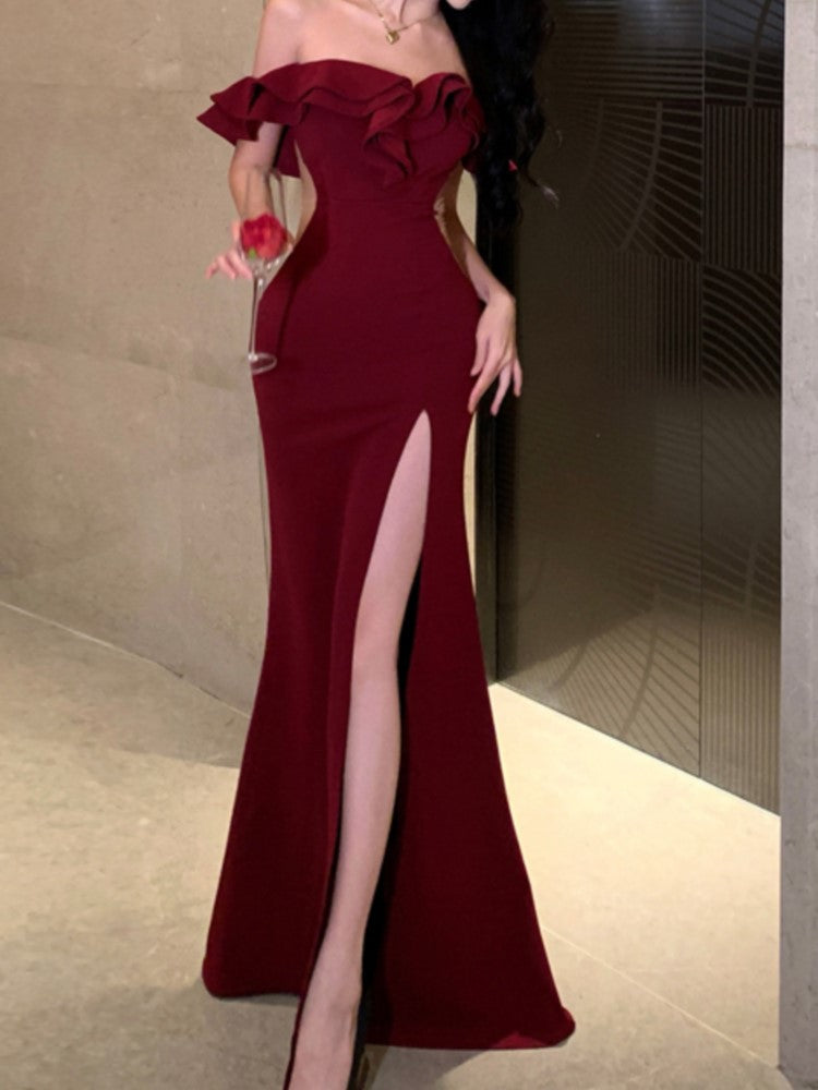 Bodycon Long Dresses for Wedding Evening Party Prom Robe Ruffles Slash Neck High Split Hollow Out Summer New Vestido