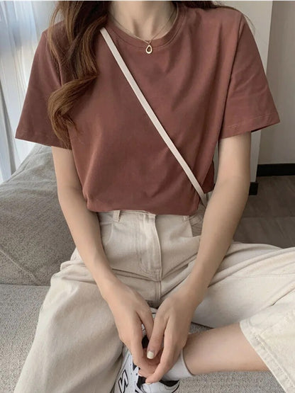 ’s T-shirt Korean Loose O-neck Basic Tops Female Spring White Black Tee Shirts
