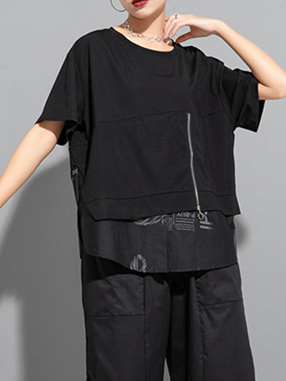 False Two Loose Printing Split-joint Round-neck T-shirts Tops
