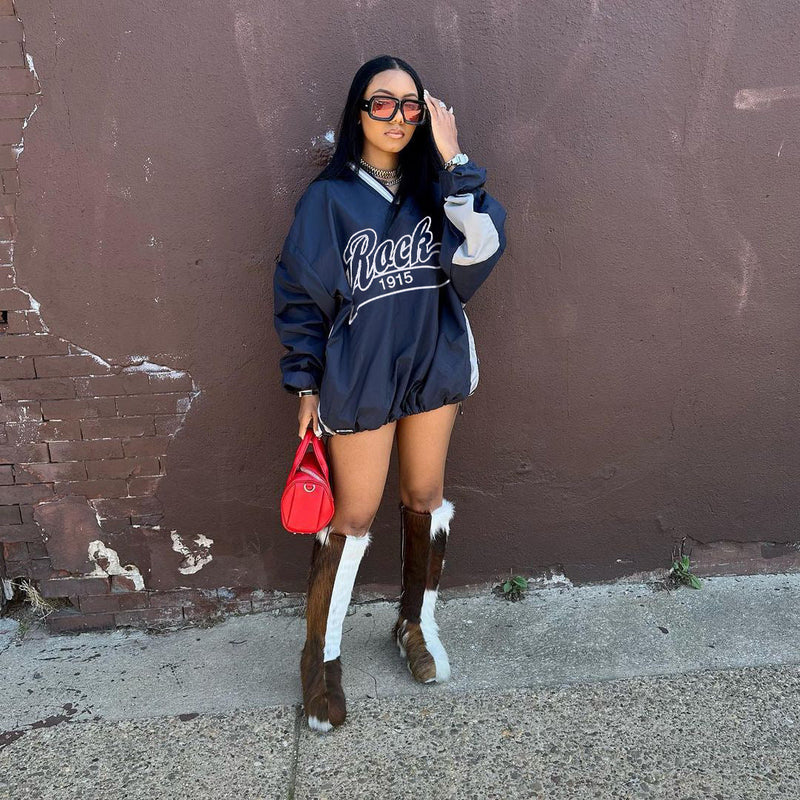 Street Letter Graphic Print Contrast Color Loose Large Hoody Mid Length Drawstring V Neck Top