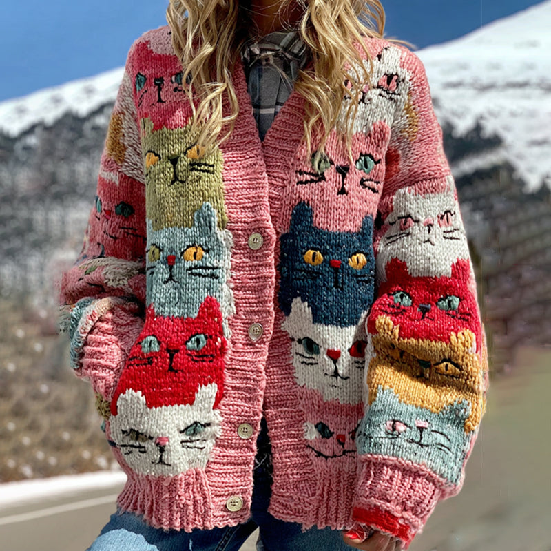 Colorful Cats Pattern Art Cozy Knit Cardigan artswardrobe