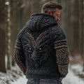 Men's Vintage Viking Dragon Jacquard Knitted Cozy Zipper Up Hooded Cardigan artswardrobe