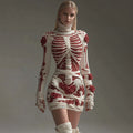 Women's Halloween Skeleton Rose Round Neck Mini Skirt artswardrobe