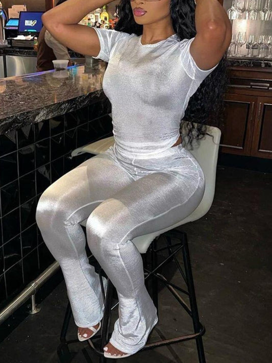 Basics Round Neck Skinny Flared Pants Set Spring Summer Color Short Sleeve Boot Cut Two Pieces Outfit for