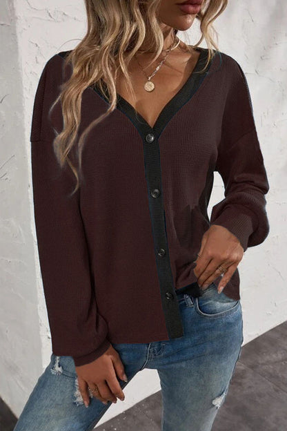 Patchwork Buttons V Neck T-shirts(7 Colors)