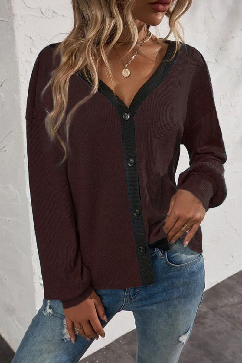 Patchwork Buttons V Neck T-shirts(7 Colors)