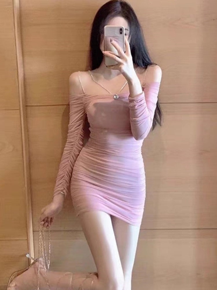 Mini Dress Folds Slash Neck Long Sleeves Bodycon Wrapped Hip Autumn Spring Evening Party Vestidos New