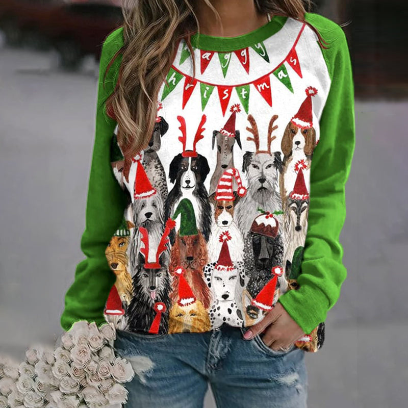Comstylish Women's Vintage Dogs Waggy Christmas Printed Sweatshirt