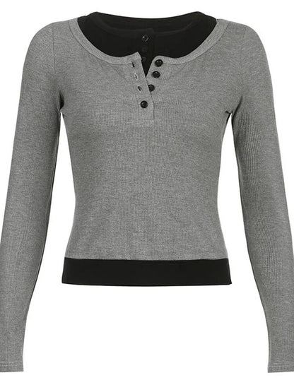 Long Sleeve Knit Tops Contrast Color Pullover Cold Shoulder Shirt for Club