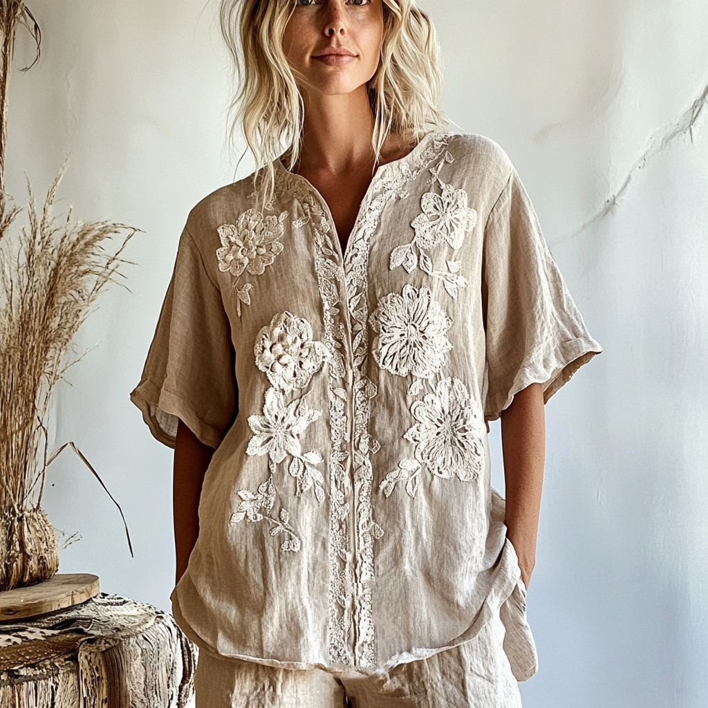 Comstylish Women's Vintage Bohemian Floral Pattern Cotton And Linen V-neck Shirt