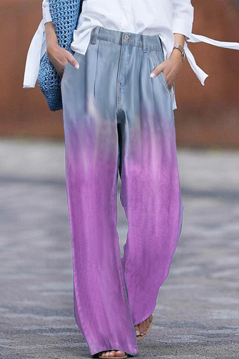 Street Gradient Print Pocket Sequined Contrast High Waist Loose Denim Jeans