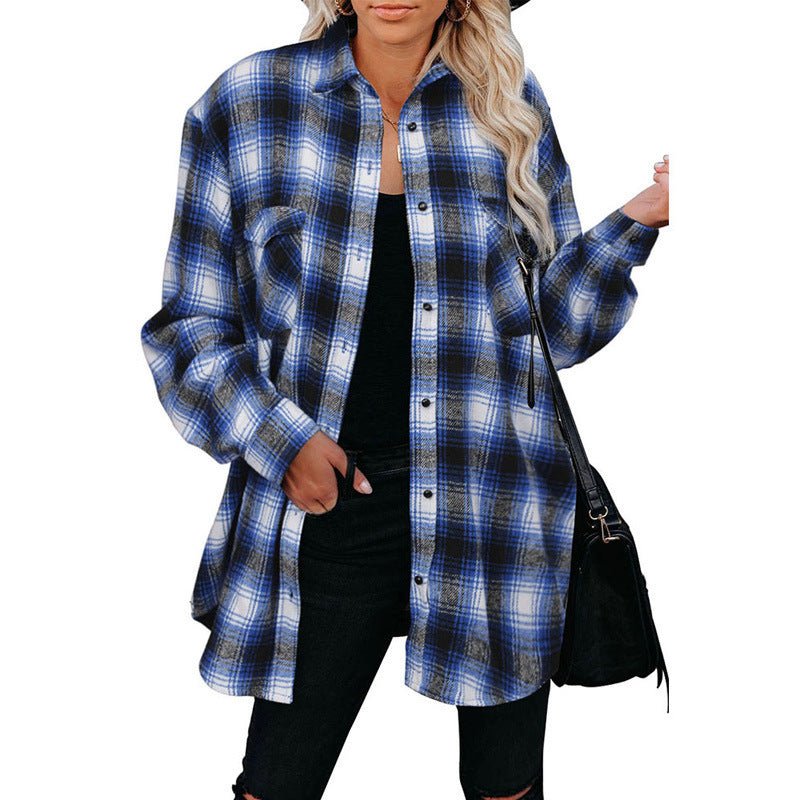 Clothing Autumn Winter Plaid Shirt Mid-length Loose Lapels Cardigan Shirt