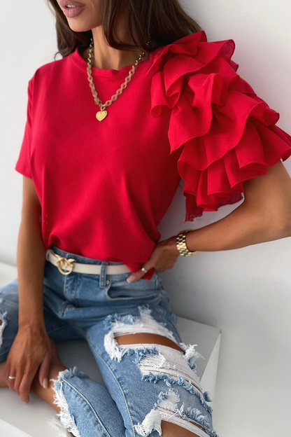 Patchwork Flounce O Neck T-shirts(4 Colors)