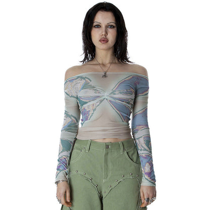 Off Neck Printed Long Sleeve Mesh Transparent Top Autumn